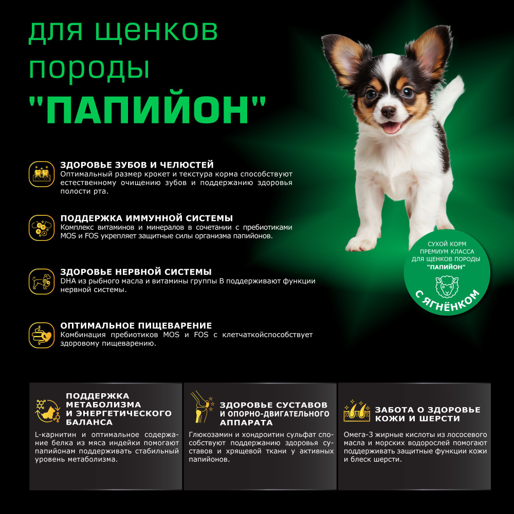 Корм сухой для щенков породы Папийон, премиум полнорационный комплекс, с ягненком, 2,5 кг, QUATTRO
