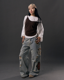 Vintage Grey Blue Jeans with Embroidery and Artistic Distressing