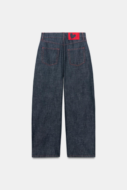 ZARA ЛЬНЯНЫЕ БРЮКИ BARREL С КОНТРАСТНОЙ СТРОЧКОЙ, ИНДИГО