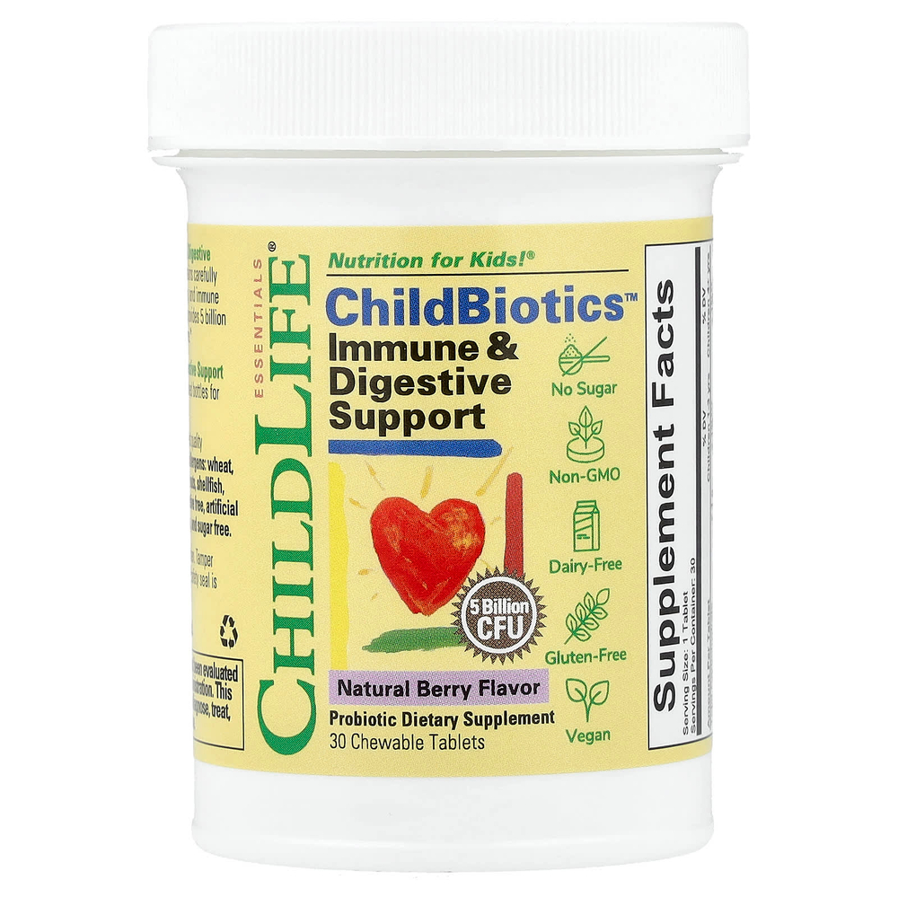 ChildLife Essentials, ChildBiotics™, добавка для поддержки иммунитета и пищеварения, натуральный ягодный вкус, 30 жевательных таблеток