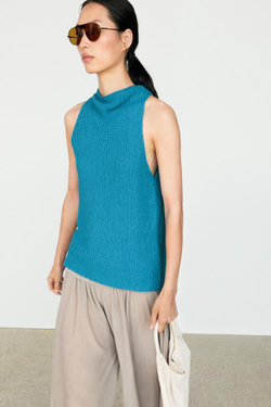Massimo Dutti Трикотажный топ из смесовой льняной ткани с пуговицами, бирюзовый