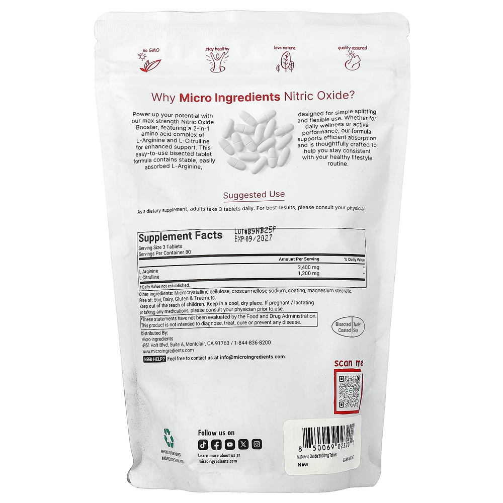 Micro Ingredients, усилитель оксида азота, максимальная сила действия, 240 таблеток, разделенных на части