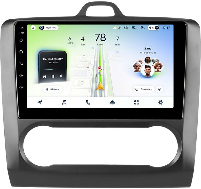 Магнитола для Ford Focus 2 2004-2011 (климат, рамка черная) - Teyes CC4L-DTS монитор 9" IPS, Android 14, Быстрая, Snapdragon 662, CarPlay, 4G SIM-слот