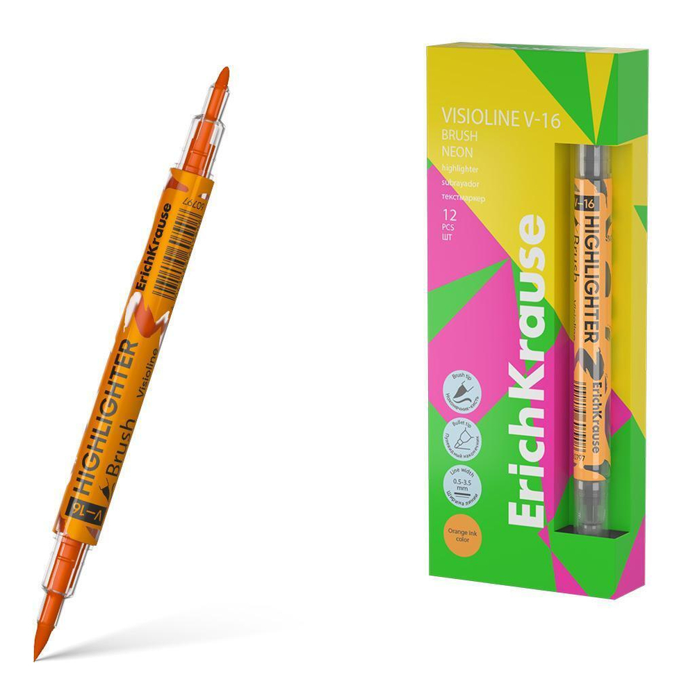 Текстовыделитель двусторонний оранжевый "Visioline V-16 Brush Neon" (Erich Krause)