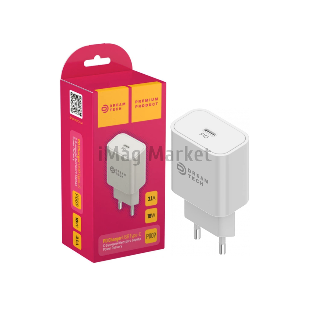 Сетевое зарядное устройство Dream PD09, 1 USB-C, 18W, 3A, белый