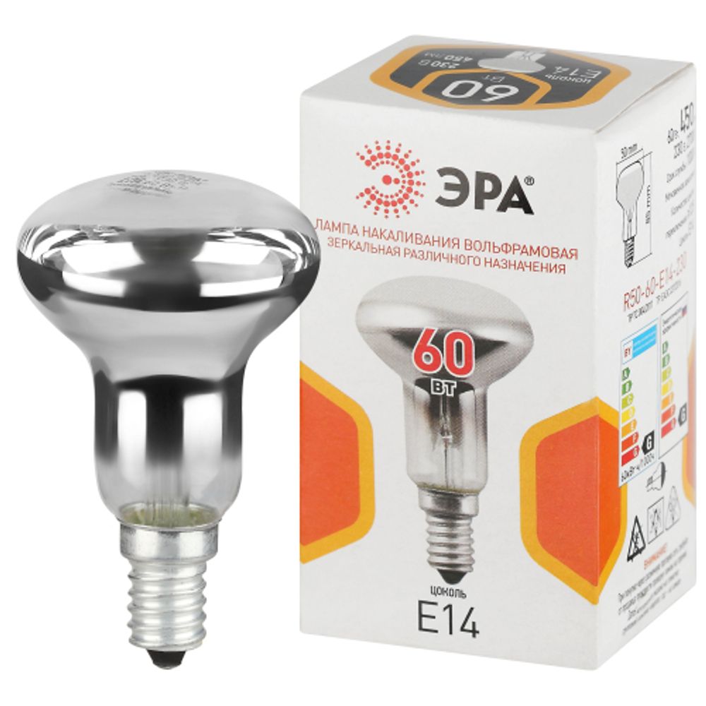 Лампа накаливания ЭРА R50-60-E14-230 60Вт 230В рефлектор цветная коробка E14 | Лампы накаливания Рефлектор (R )