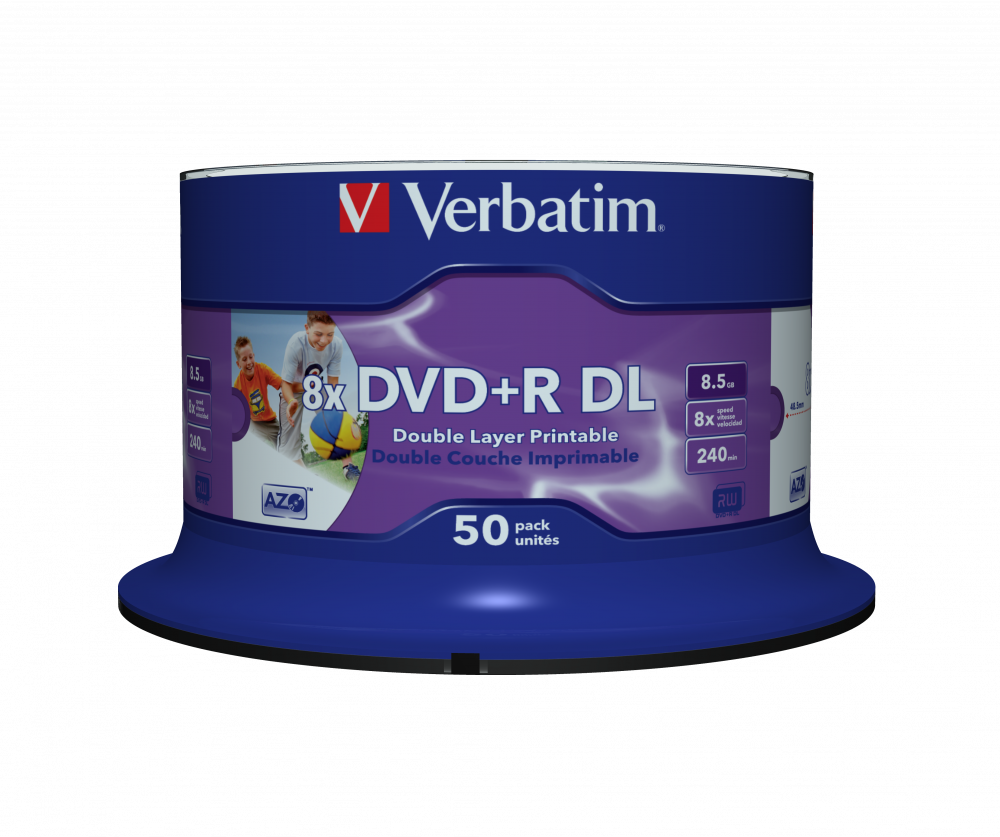 Оптический диск Verbatim DVD+R DL 8x 8,5GB AZO Wide Inkjet Printable no ID, Cake Box, 50 шт.