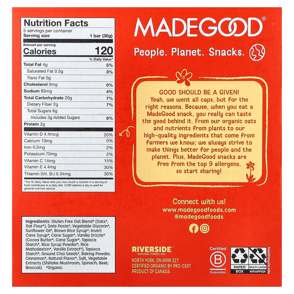 MadeGood, Mornings™, органические запеченные овсяные батончики, булочка с корицей, 5 батончиков по 30 г (1,06 унции)