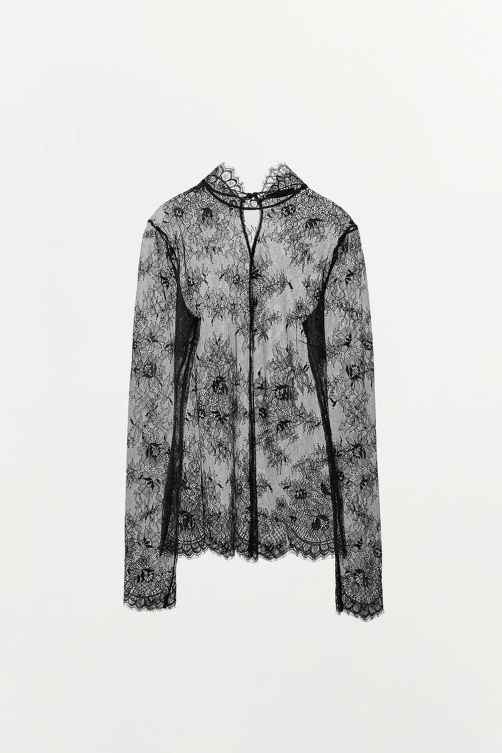 ZARA КРУЖЕВНОЙ ТОП С ВОРОТНИКОМ-СТОЙКОЙ, ЧЕРНЫЙ