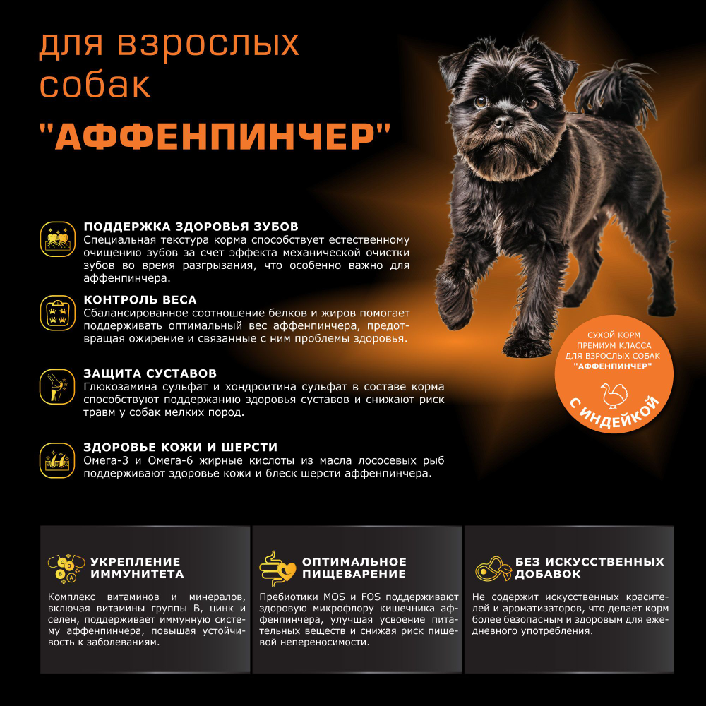 Корм сухой для взрослых собак породы Аффенпинчер, с индейкой, 2,5 кг, QUATTRO