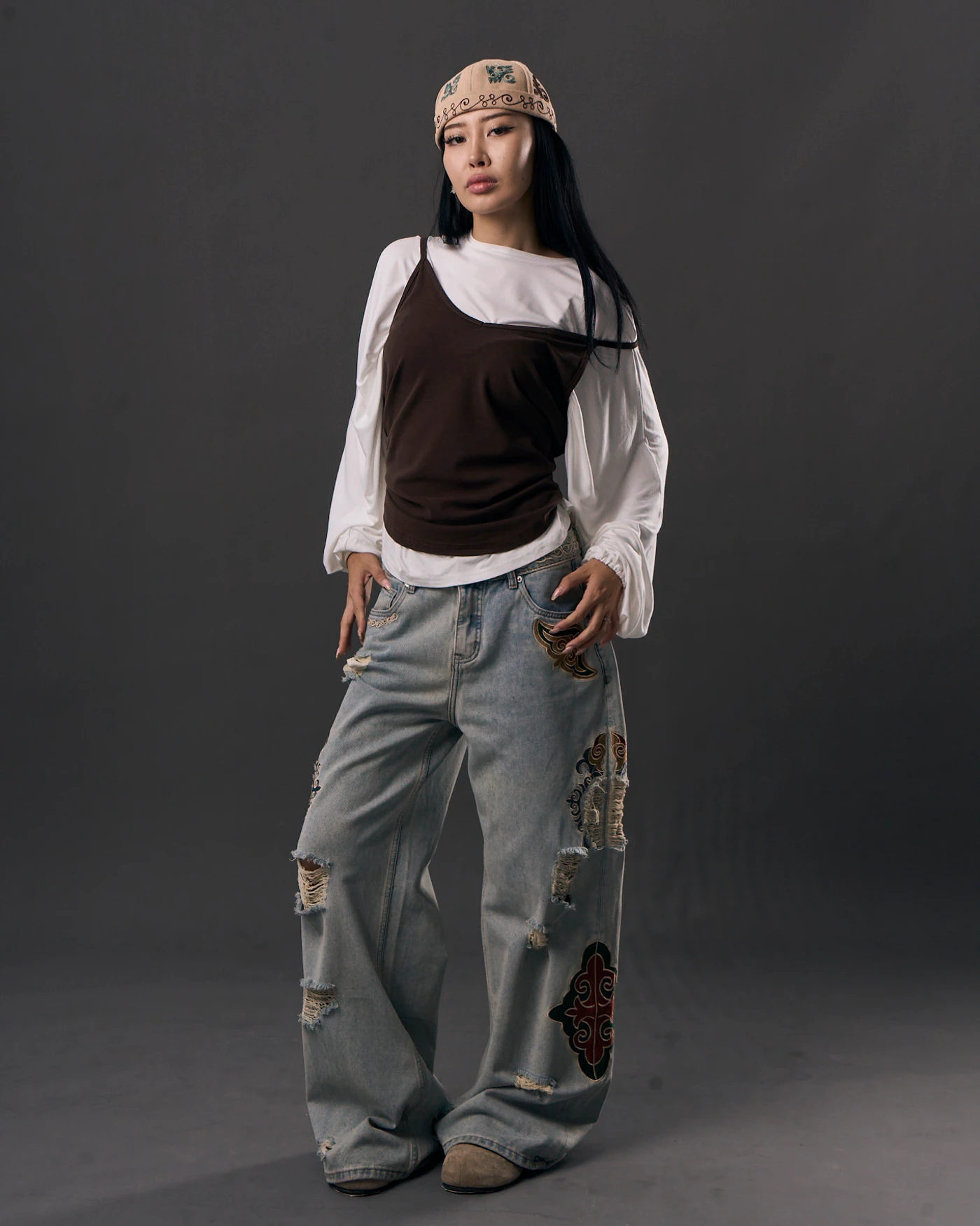 Vintage Grey Blue Jeans with Embroidery and Artistic Distressing