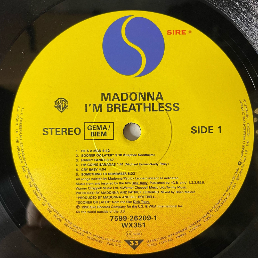Винтажная виниловая пластинка LP Madonna I'm Breathless Музыка Из Кинофильма Дик Трейси (Германия 1990)