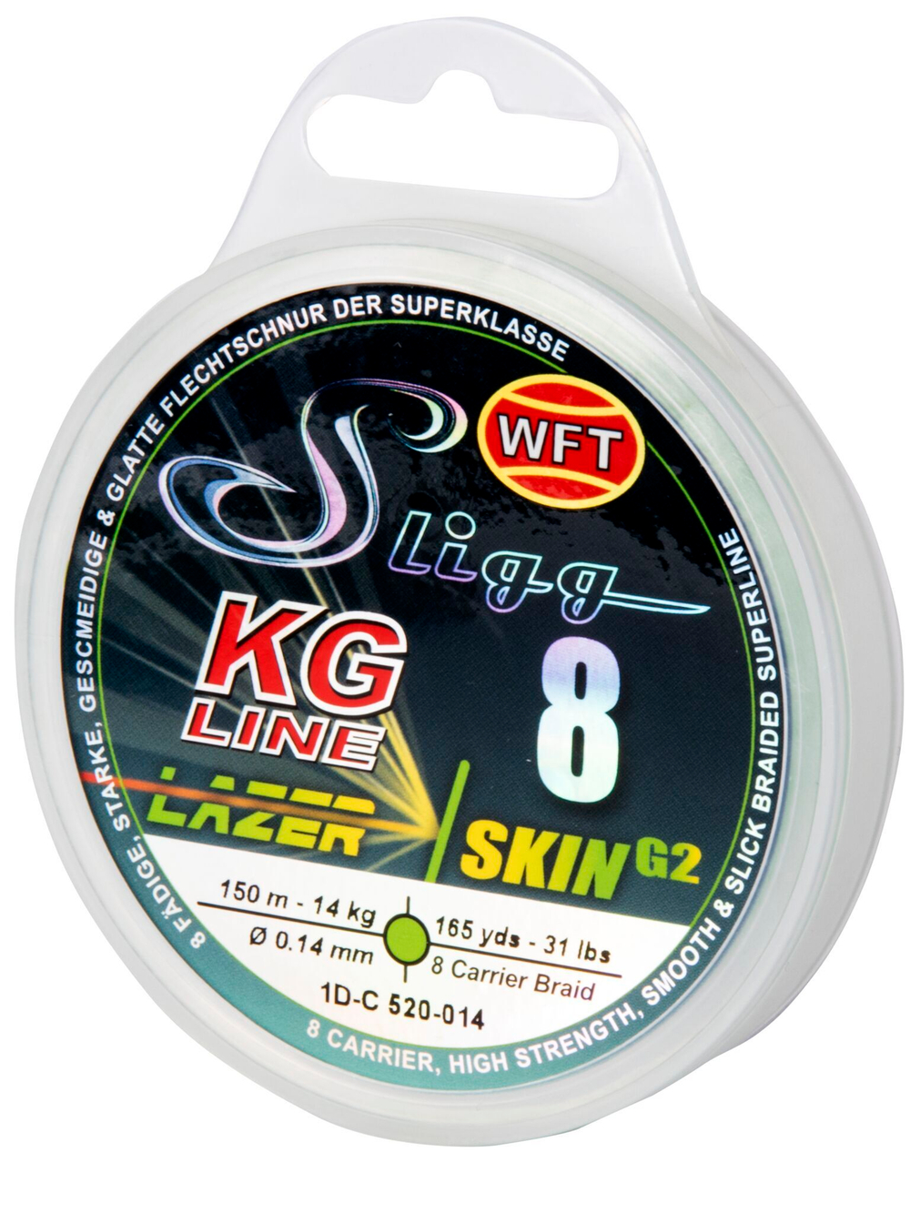 Леска плетёная WFT KG SLIGG LAZER SKIN G2 x8 Chartreuse 150 м, 0,14 мм