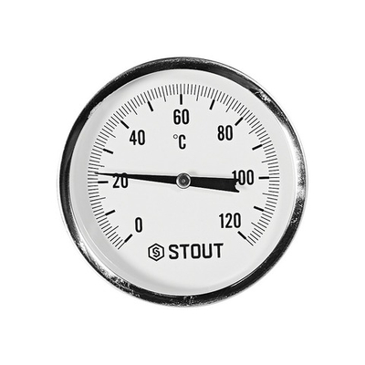 Термометр биметаллический аксиальный STOUT - 1/2" (D80 мм, шкала 0-120°C, с гильзой 100мм)