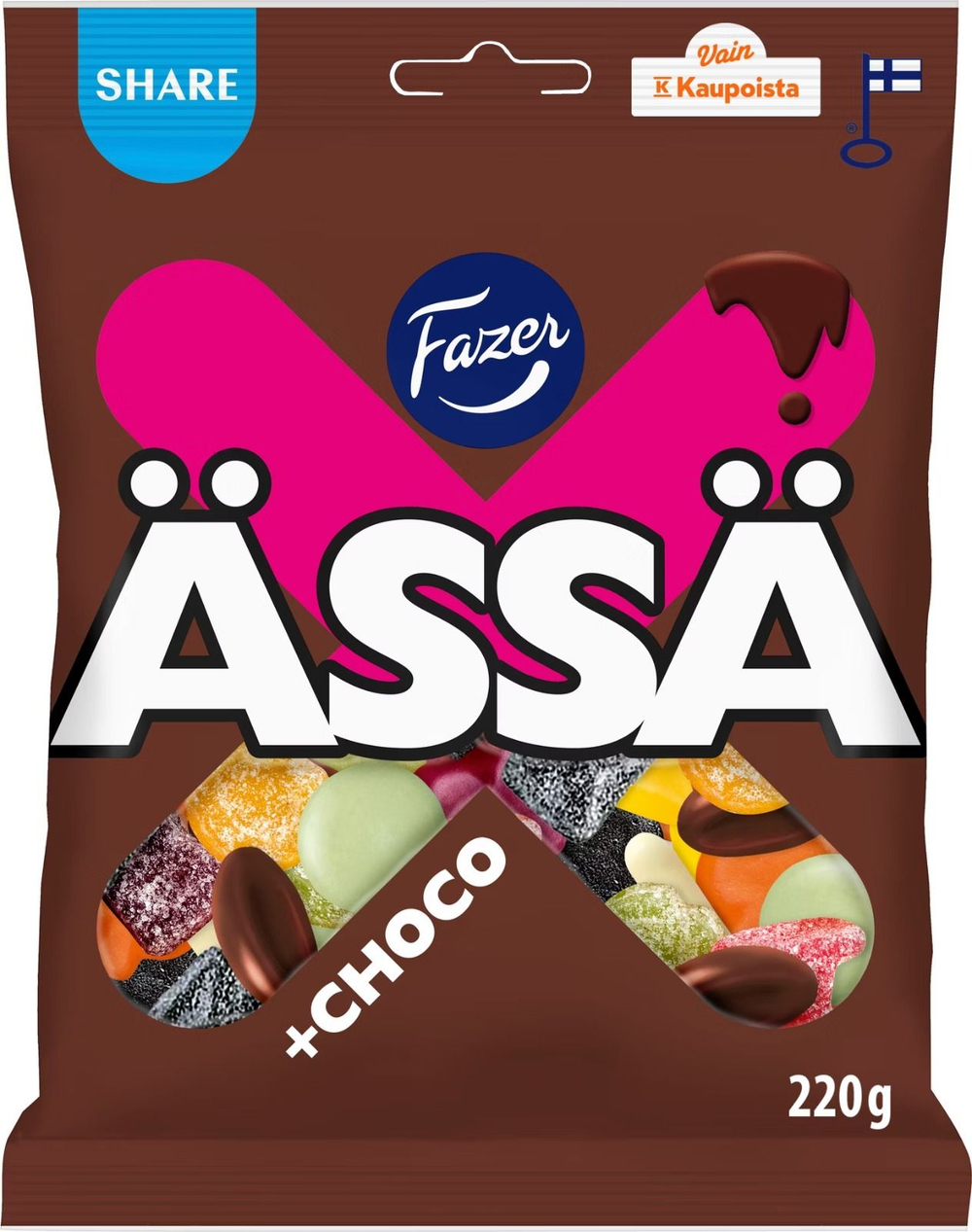 Fazer Конфеты жевательные ассорти фруктовые Assa +Choco, 220 г (из Финляндии)
