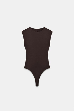 ZARA БОДИ С ВЫРЕЗОМ НА СПИНКЕ И КРУЖЕВОМ, ТЕМНО-КОРИЧНЕВЫЙ
