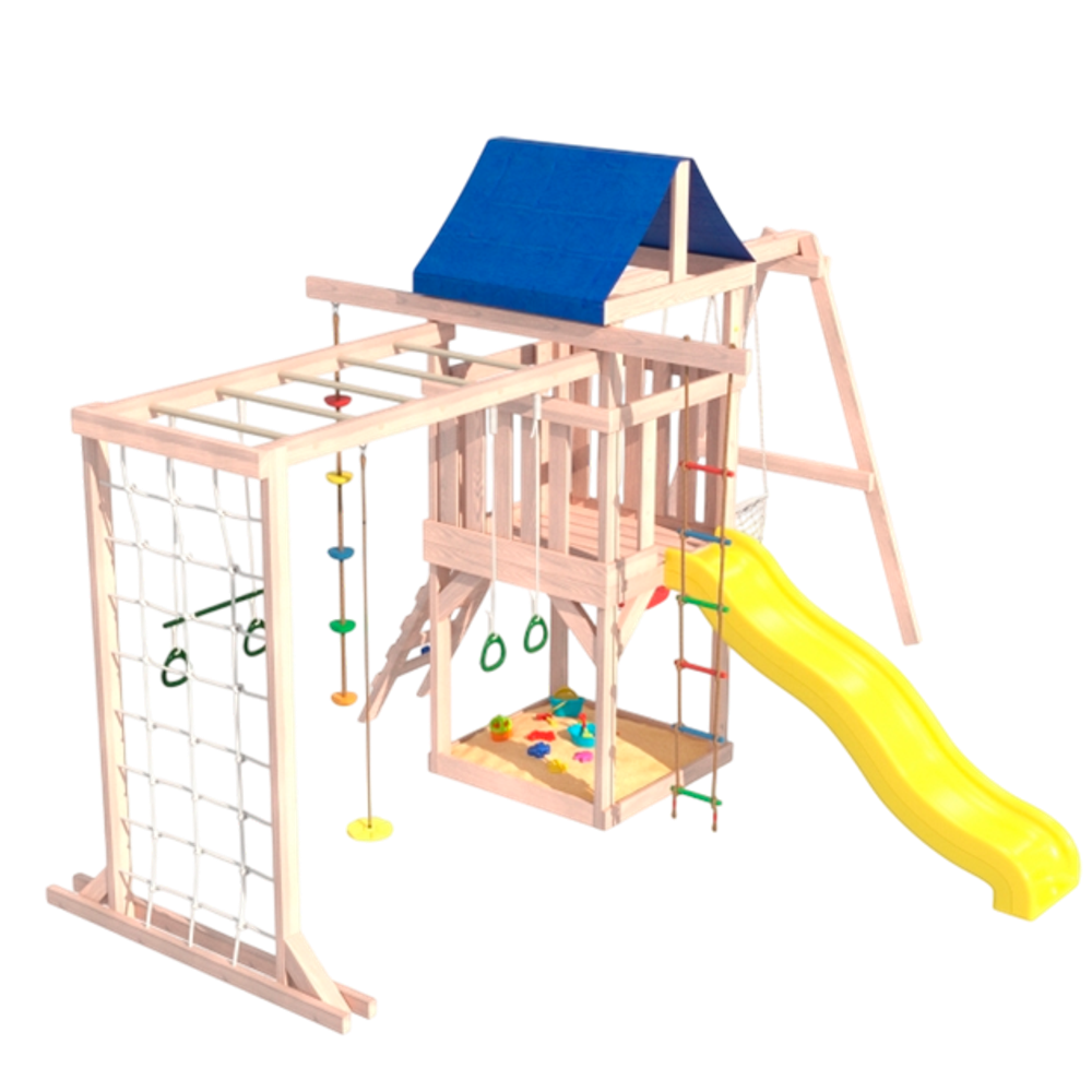 Детская площадка Fun Land неокрашенная с сеткой, рукоходом, качелями и плетенным креслом