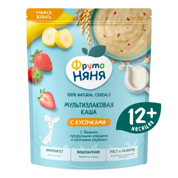 Каша молочная ФрутоНяня мультизлаковая банан кукурузные хлопья кусочки клубники 190г