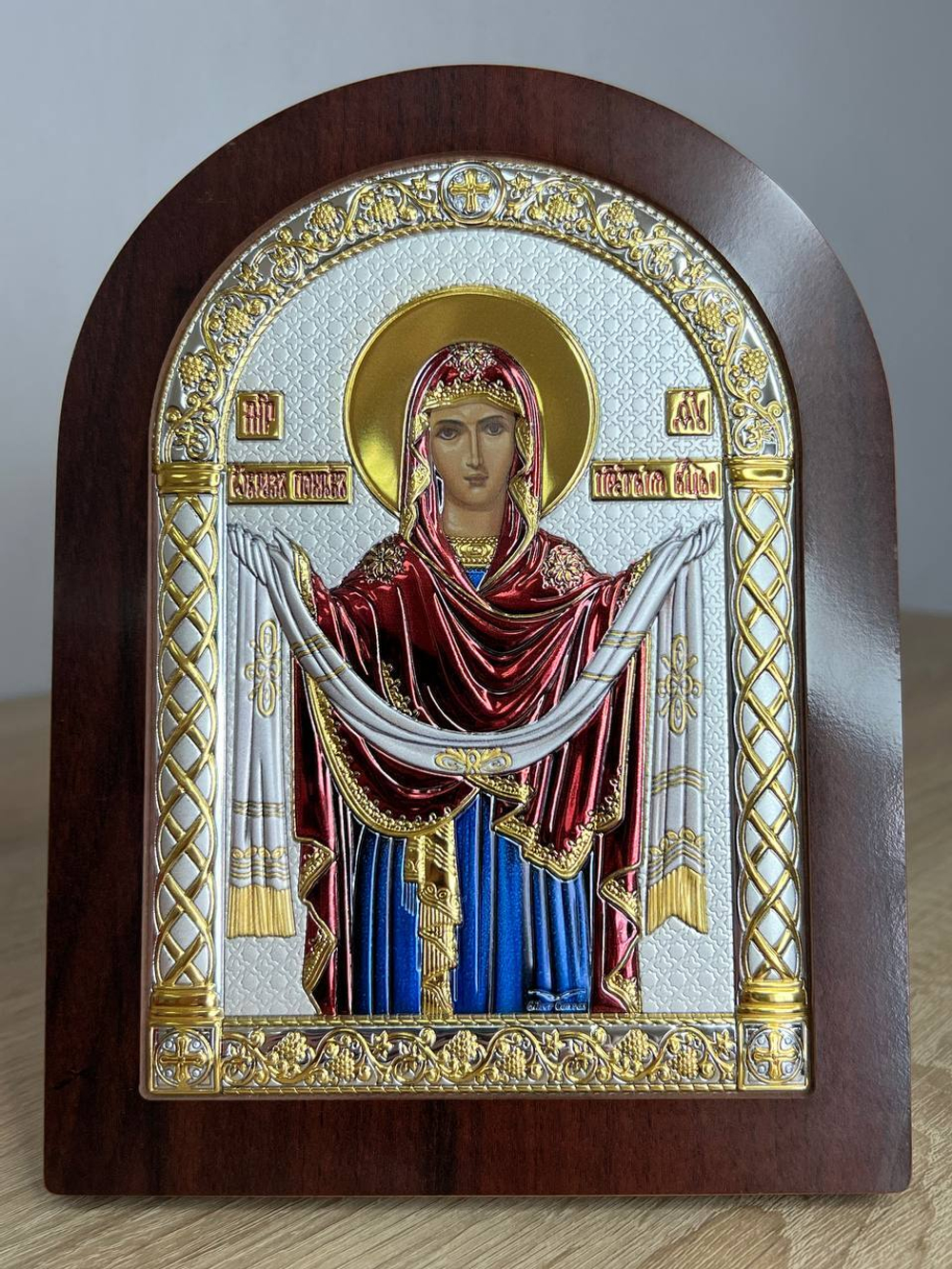 Покрова БМ, икона арочная, красное дерево, эмаль 175х225