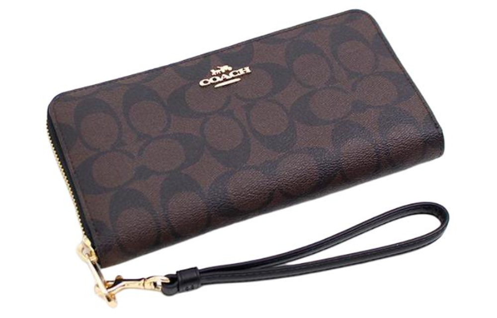 COACH Zip Around Monogram Canvas With Leather Wallet Clutch Regular Women"s Black & Brown
