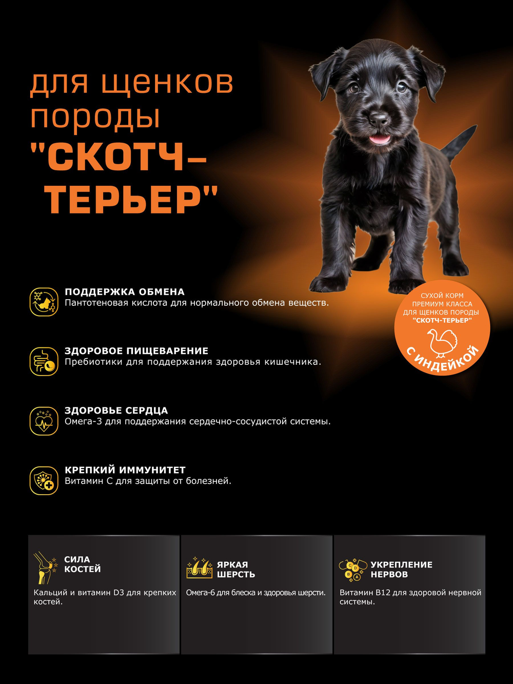 Корм сухой для щенков породы Скотч-терьер, с индейкой, 800 гр, QUATTRO