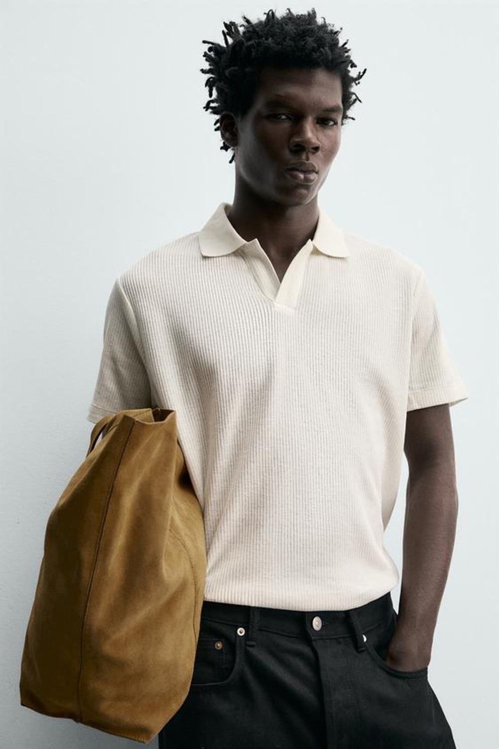 ZARA ПОЛО REGULAR FIT ИЗ ХЛОПКА С РЕЛЬЕФНЫМ УЗОРОМ, ЖЕЛТОВАТО-БЕЛЫЙ