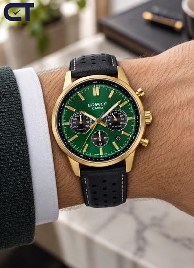 CASIO EFR-575CL-3ADF EDIFICE мужские наручные часы — хронограф на кожаном ремешке с зеленый циферблатом