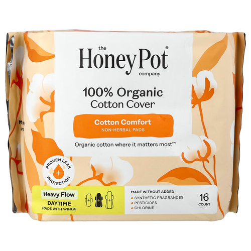 The Honey Pot Company, дневные прокладки из 100% органического хлопка с крылышками из органического хлопка, плотные, 16 шт.