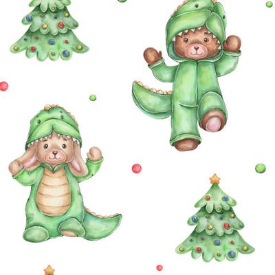 Новогодние мишка и зайчик в костюмах драконов (на белом фоне)