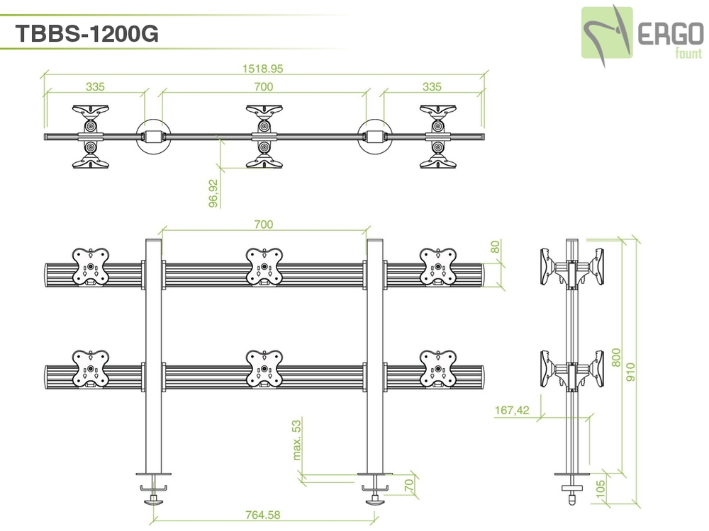 ErgoFount TBBS-1200G Настольное крепление back-to-back для 12 мониторов диагональю до 24'' конфигурации 2х3 со струбциной к столу типа "G". Цвет - серебристый