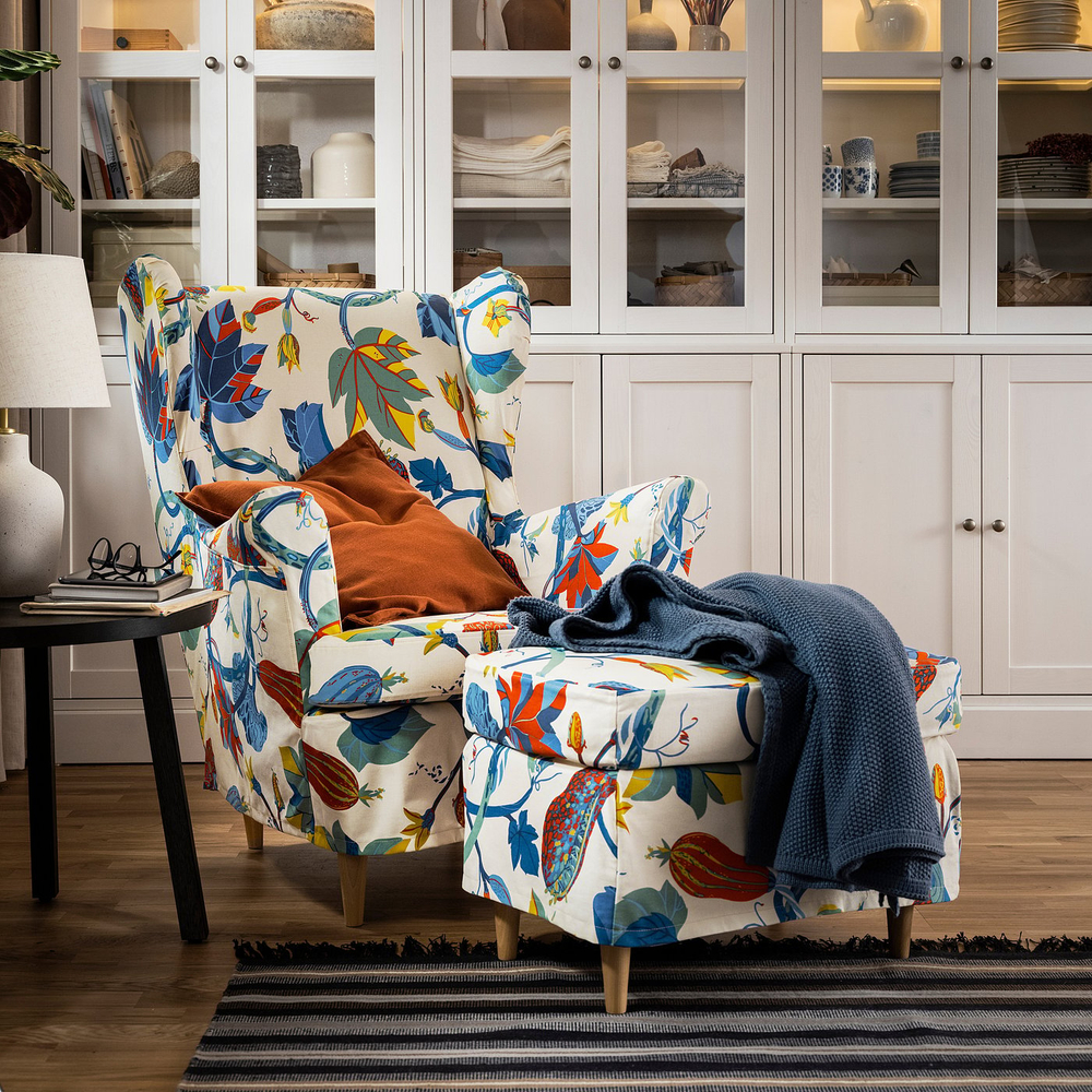 IKEA STRANDMON  (ИКЕА СТРАНДМОН)  -  Чехол на кресло с подголовником - Стигсбо разноцветный/бежевый