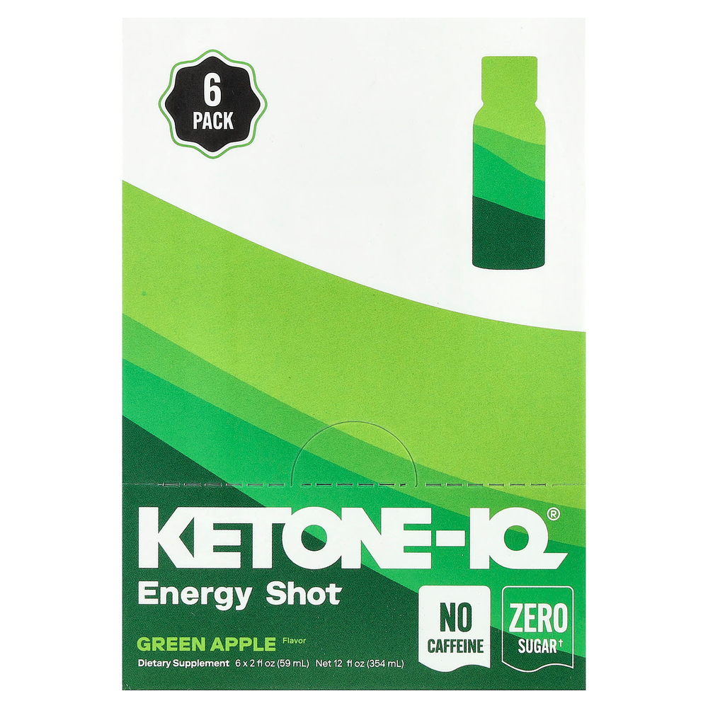 Ketone-IQ, Energy Shot, зеленое яблоко, без кофеина, 6 флаконов по 59 мл (2 жидк. унции)