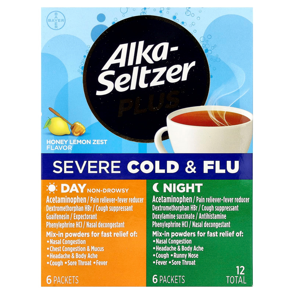 Alka-Seltzer Plus, От сильной простуды и гриппа, днем и ночью, с медом и цедрой лимона, 12 пакетиков