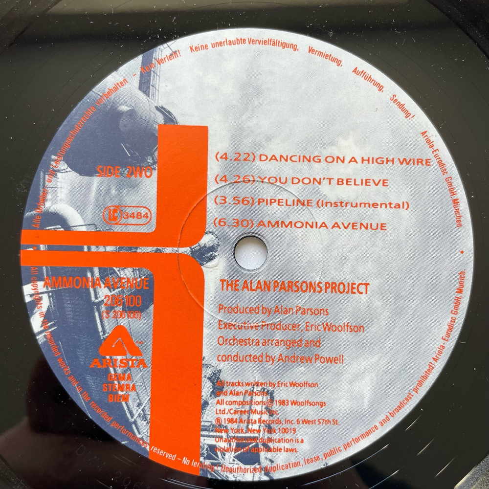 Винтажная виниловая пластинка LP The Alan Parsons Project Ammonia Avenue (Германия 1984)