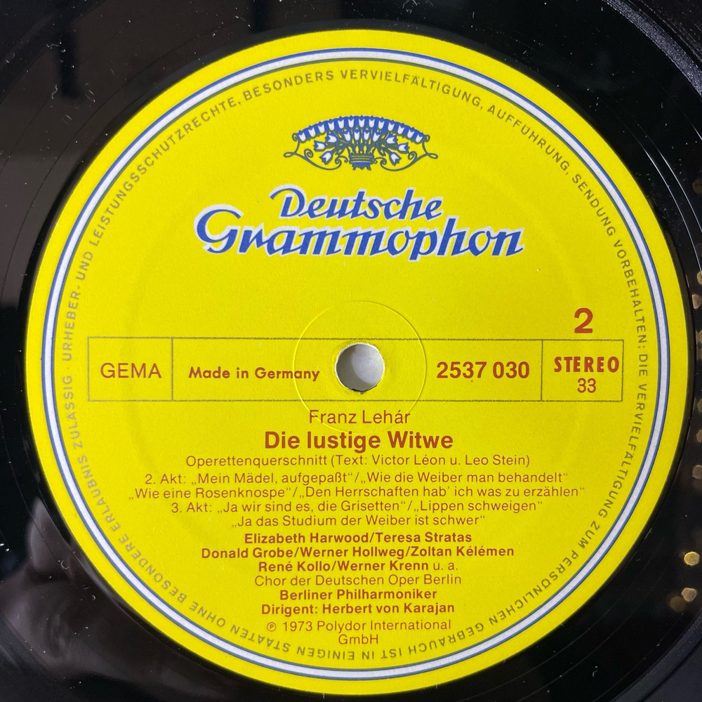 Винтажная виниловая пластинка LP Franz Lehar Elizabeth Harwood, Rene Kollo, Teresa Stratas, Werner Hollweg / Karajan Die Lustige Witwe Оперетта Веселая Вдова (Германия 1974)
