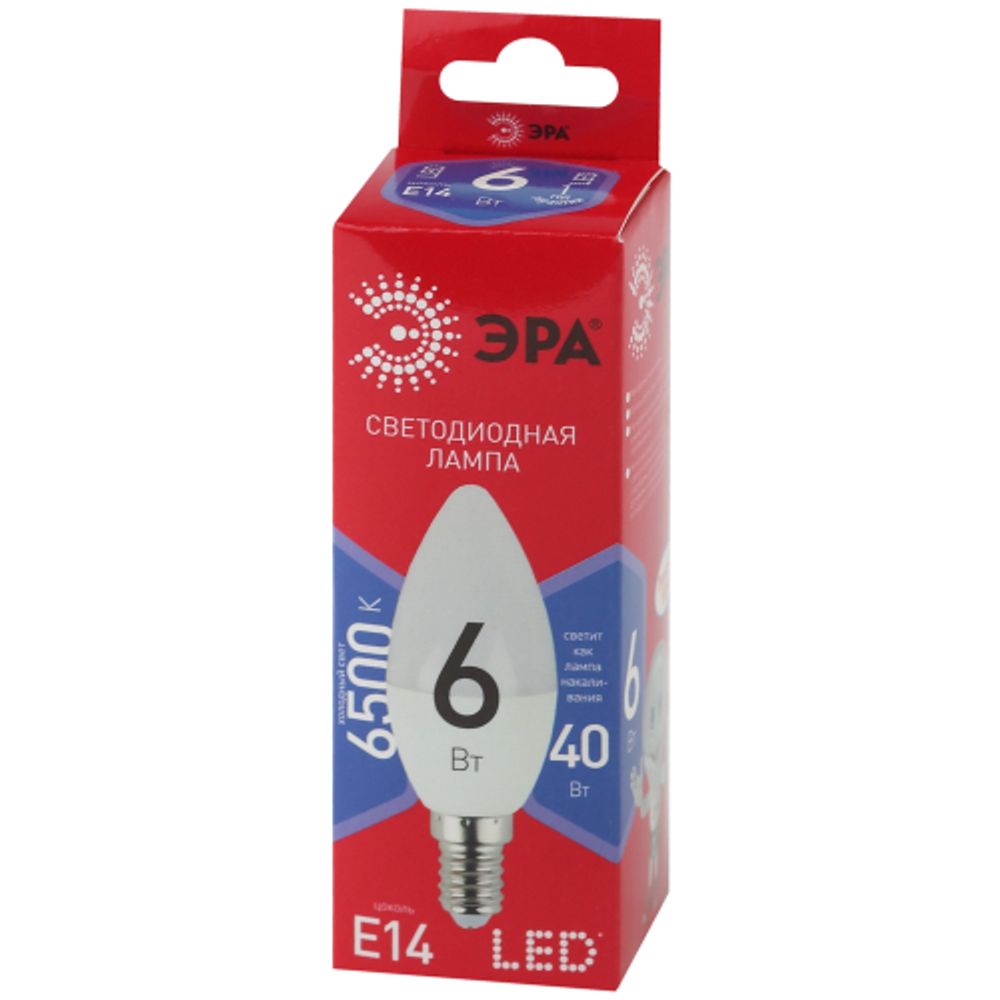 Лампа светодиодная ЭРА RED LINE LED B35-6W-865-E14 R 6Вт свеча холодный дневной свет Е14 | Лампы cветодиодные Свеча (B/C)
