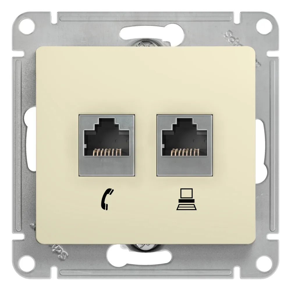 GLOSSA РОЗЕТКА двойная RJ11+RJ45 кат.5e, механизм, БЕЖЕВЫЙ