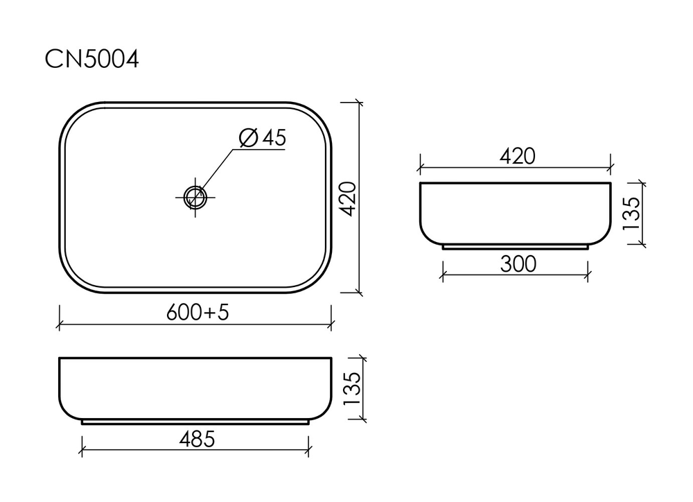 Умывальник чаша накладная прямоугольная Элемент (Element) 600x420x140мм