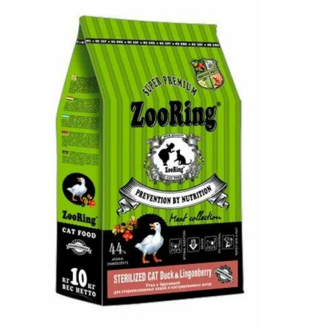 ZooRing Sterilized Cat (Зооринг стерил кэт) сухой корм для кошек Утка с брусникой 10кг