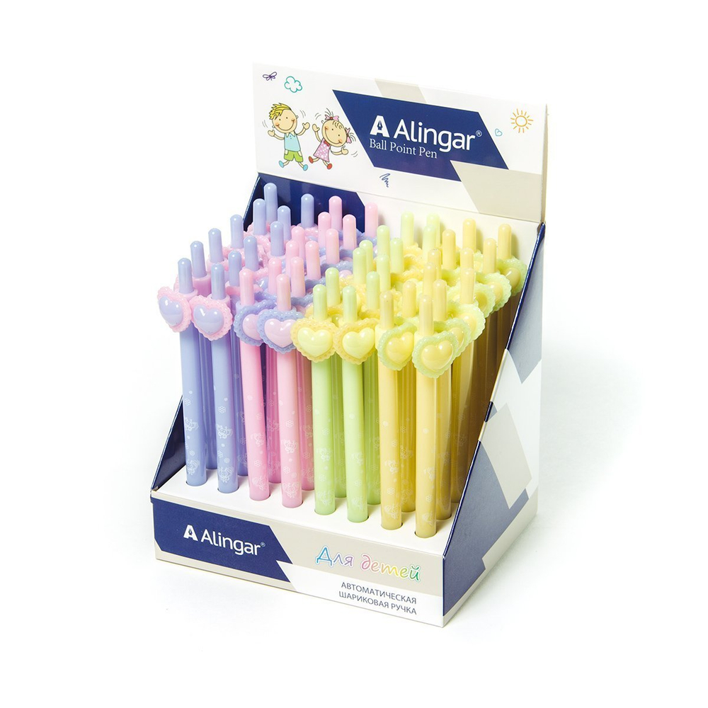 Ручка шариковая Alingar "Baby-pen Сердце", 0,7 мм, синяя, автоматическая, фигурный клип, круглый, цветной, пластиковый корпус, карт. уп.