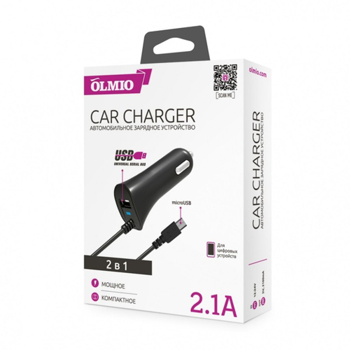 Автомобильное зарядное устройство OLMIO, micro USB, + свободный порт, 2.1 А, чер, 038870