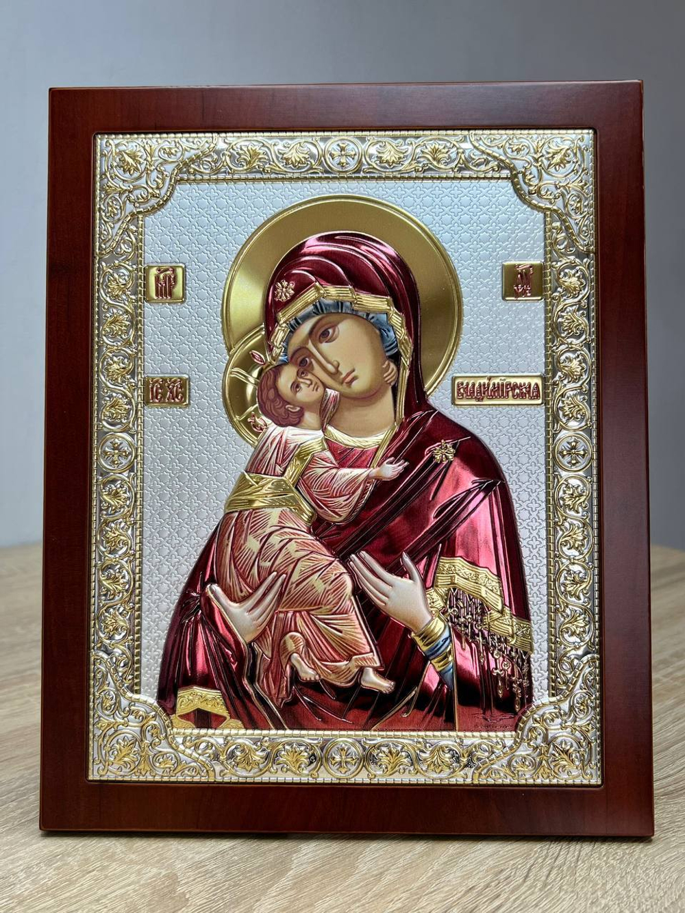 Владимирская БМ, икона прямоугольная с рамкой, красное дерево, эмаль 210х260