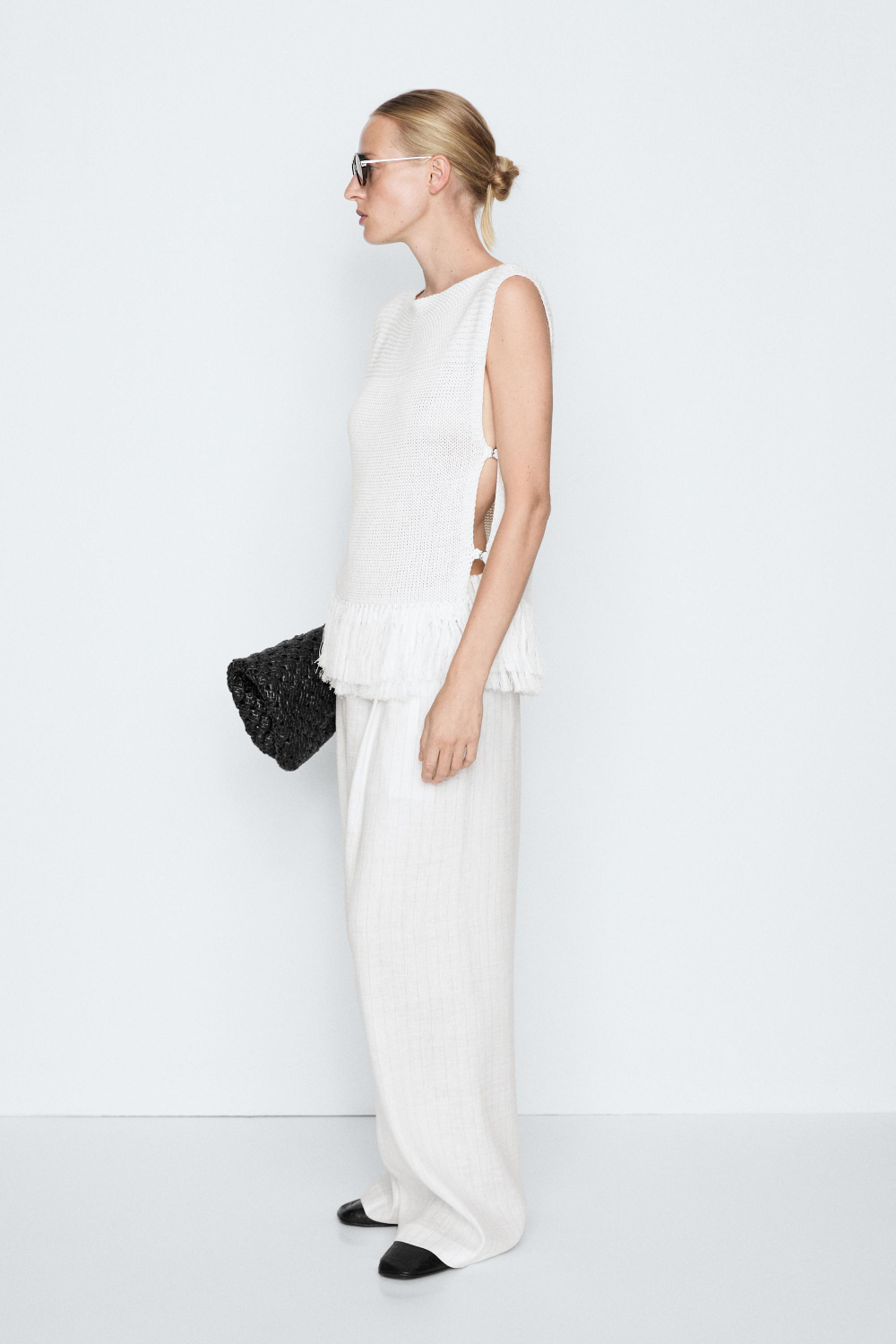 Massimo Dutti Вязаный топ с бахромой - STUDIO, белый