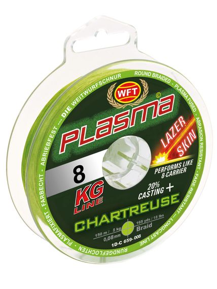 Леска плетёная WFT KG PLASMA LAZER SKIN Chartreuse 150 м, 0,08 мм