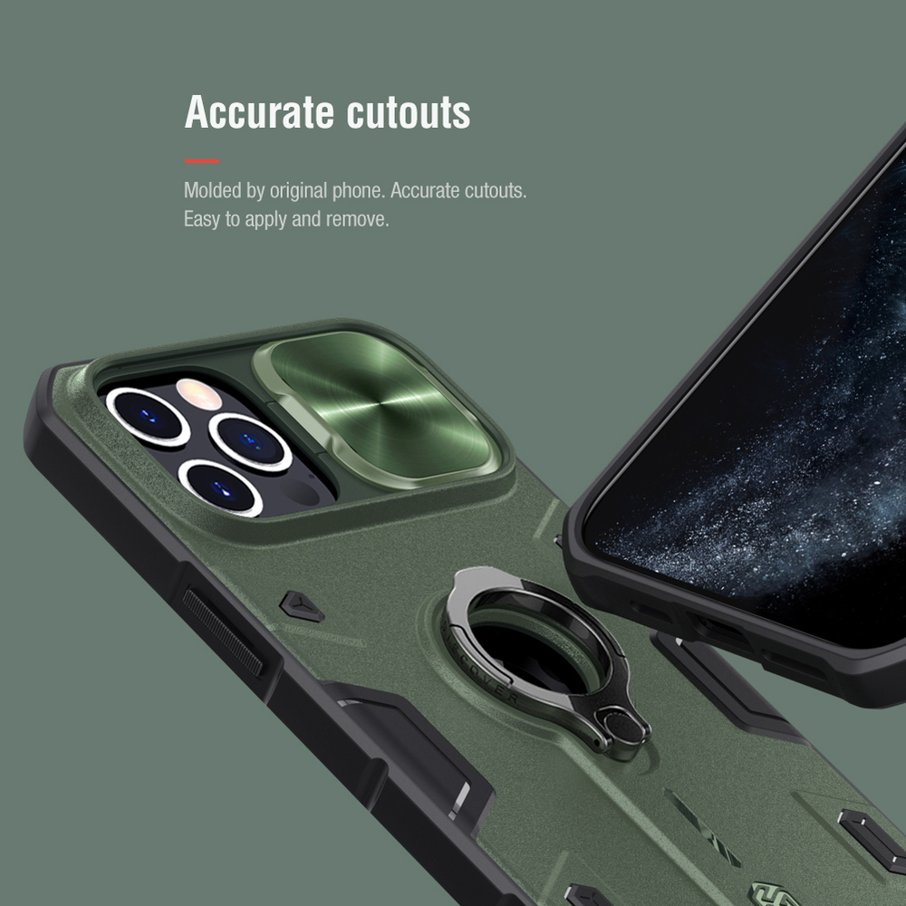Зеленый чехол для iPhone 12 Pro Max от Nillkin серии CamShield Armor Case (отверстие под лого) с кольцом и защитной шторкой