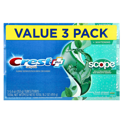 Crest, Complete Plus ™, Scope® + Whitening, зубная паста с фтором, мятная свежесть в полоску, 3 пакетика по 153 г (5,4 унции)