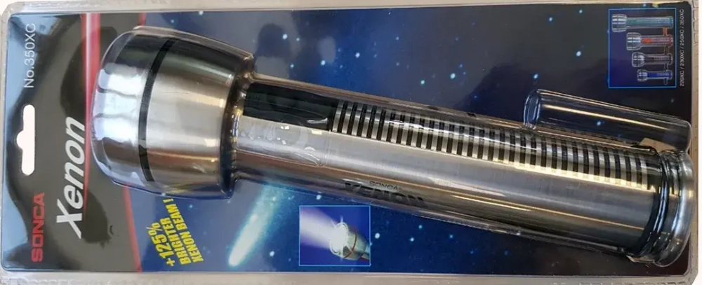 Фонарик переносной влагонепроницаемый Sonca Ксенон(HPx30, 3.6V, 0.82A, 3xD/R20/UM1, яркость луча увеличена на 125%), в блистере Sonca 350XC