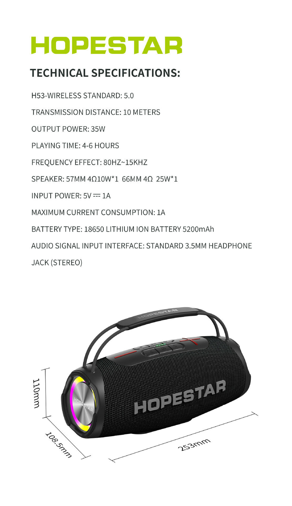 Беспроводная колонка Hopestar H53, световые эффекты, влагозащищенный корпус, поддержка microSD, 35 Вт, military