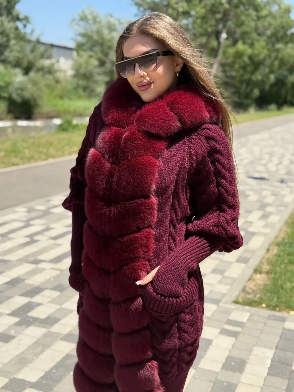 Кардиган вязаный с натуральным меха песца