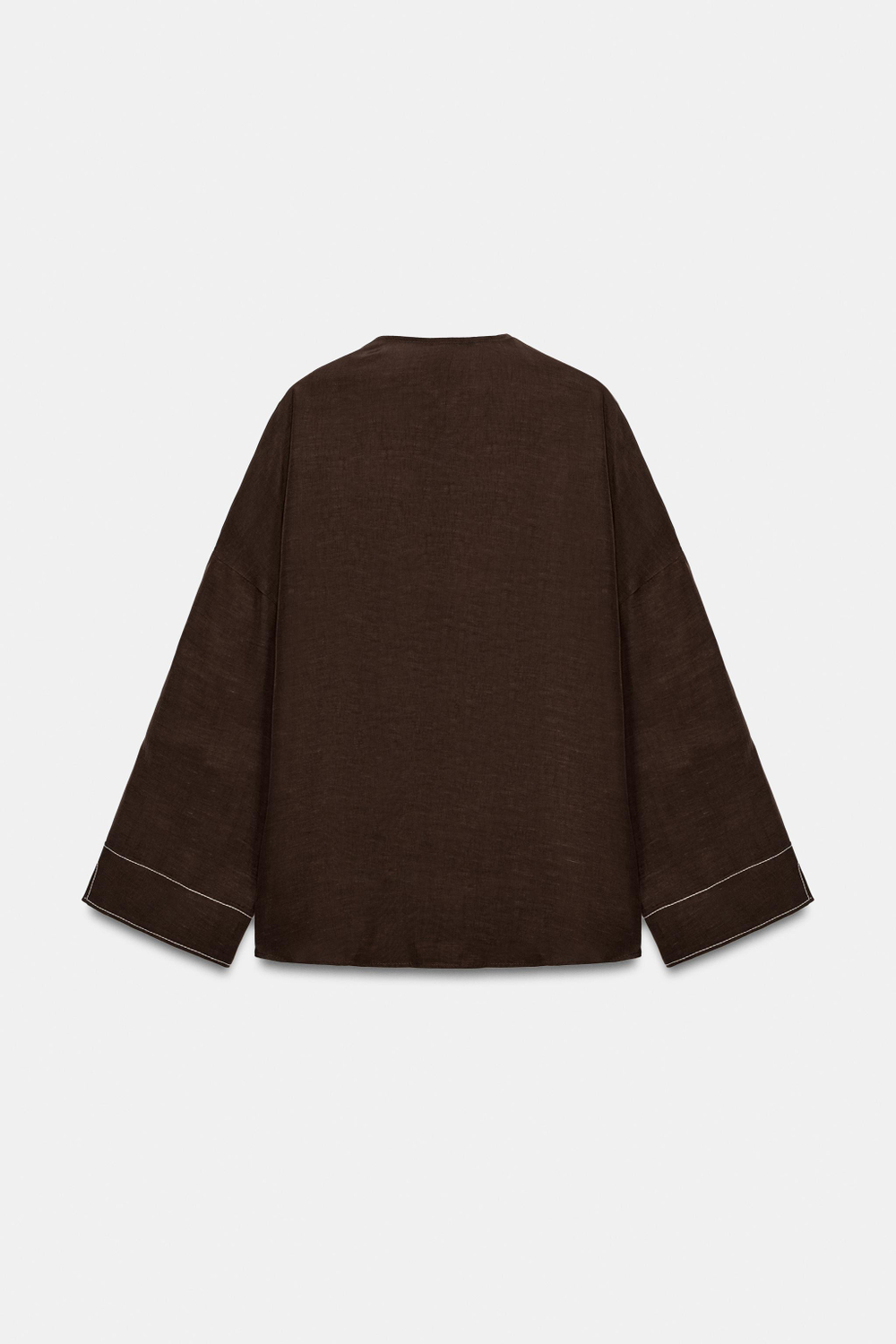 ZARA РУБАШКА ИЗ ЛЬНА С КОНТРАСТНОЙ ОТСТРОЧКОЙ, КОРИЧНЕВЫЙ